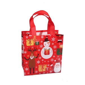 Red Christmas non-woven gift bag with snowman and reindeer prints on white background