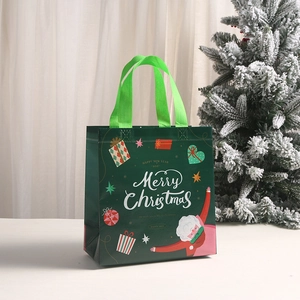 Detail view of festive green non-woven Christmas gift bag with Santa and holiday prints