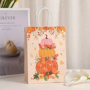 Détail d'un sac cadeau en papier avec citrouilles, fleurs d'automne et poignées en corde