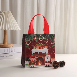 Laminated non-woven Christmas gift bag with Santa and reindeer cartoon patterns