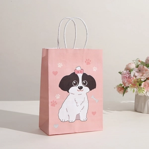 Bolsa de regalo de papel kraft rosa con estampado de perro tierno y asas blancas