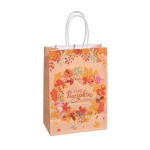 Sac cadeau en papier marron avec citrouilles et texte A Little Pumpkin Is On The Way