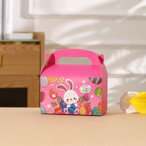 Pink Happy Easter bunny gift box with colorful eggs design for candy packaging