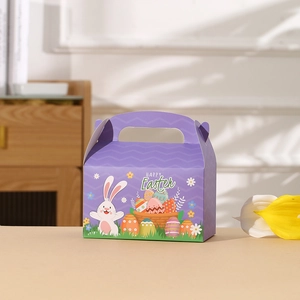 Detail of purple Happy Easter gift box with rabbit illustration and sturdy cutout handle