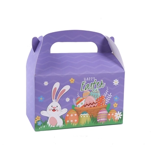 Purple Easter gift box with cartoon bunny and Happy Easter text for festive candy treats