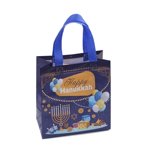 Blue Happy Hanukkah non-woven gift bag featuring festive balloons and menorah design
