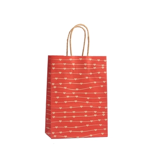 Red kraft paper gift bag with small heart patterns and durable twisted rope handles