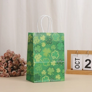 Green kraft paper gift bag with shamrock pattern and white twisted rope handles