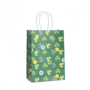 St. Patrick's Day paper gift bag with green shamrock stripes and white rope handles