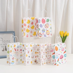 Happy Easter Kraft Paper Gift Bags With Handles Cartoon Bunny Chick Pattern Festive Party Favor Treat Bags For Kids