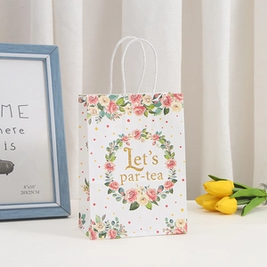 Bolsa de regalo de papel Kraft con flores y texto Let's par-tea con asas blancas