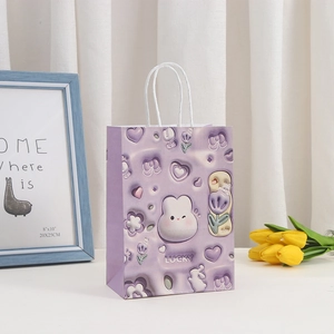 Cute 3D cartoon rabbit paper gift bag in light purple with Lucky text and white handles