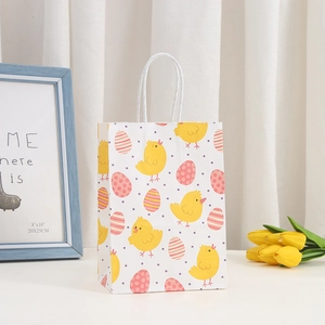 Easter rabbit gift bag with yellow chick and polka dot egg print for party packaging
