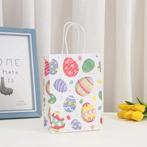 Easter gift paper bag featuring colorful hand-drawn egg patterns and white rope handles