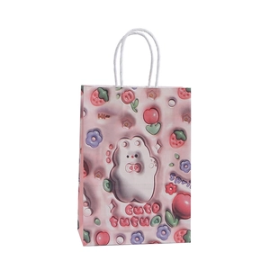 Pink cartoon bear gift bag with 3D effect strawberry floral prints and white rope handles