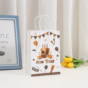 White Happy New Year gift bag with gold party illustrations and soft rope handles