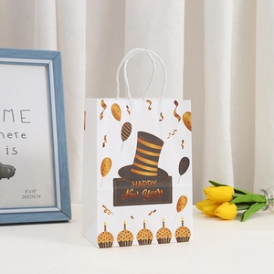 Festive Happy New Year white kraft paper gift bag with gold and black balloon patterns