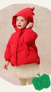 Detail of red hooded winter puffer jacket with large round decorative buttons for kids
