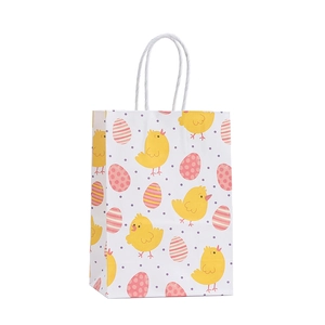 Easter gift bag with cartoon chick and colorful eggs pattern on white paper bag