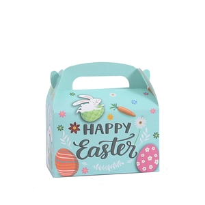 Happy Easter gift box with rabbit and carrot prints, featuring a convenient carry handle