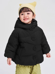 Kids black hooded winter down jacket with large decorative buttons and loose fit design