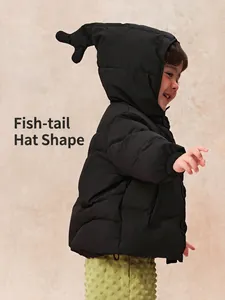 Kids black quilted puffer jacket with creative fishtail hood and warm ribbed cuffs