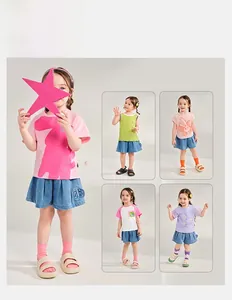 Collage of girls' butterfly embroidered denim shorts and various colorful summer t-shirts