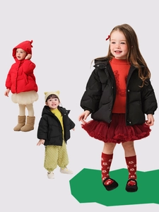 Kids warm winter down jacket with hood in vibrant red and classic black styles