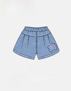 Detail of girls' denim shorts with butterfly embroidery and elastic pleated waistband