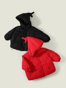 Children's thick hooded down jacket in red and black with cute decorative antlers