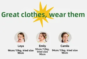 Size chart showing height and weight data for girls denim shorts with three child models