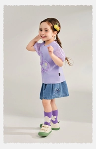 Girl's purple mesh sleeve top with denim skirt and butterfly embroidery detail