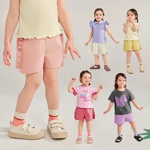 Short d'été en coton pour filles avec ourlet à volants et t-shirt graphique coloré
