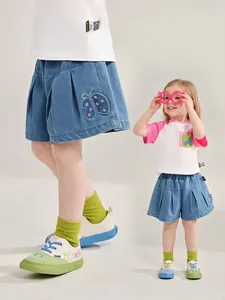 Girls Soft Denim Shorts Cotton Blend Elastic Waist Summer Casual Butterfly Embroidery Pleated A-Line Shorts for Kids
