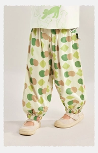 Detail of kids breathable mosquito pants with geometric patterns and elastic ankle cuffs