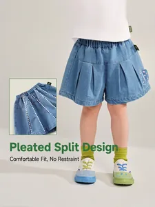 Girls light blue pleated denim shorts with elastic waist and butterfly embroidery detail