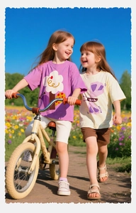 Camisetas de algodón fresco para niña con estampados de dibujos y pantalones en un jardín