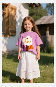 Detalle de camiseta morada de algodón con dibujo y falda blanca con encaje para niña