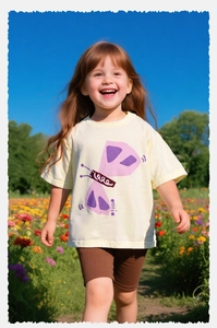 Camiseta amarilla de algodón fresco para niña con estampado de mariposa en un campo floral