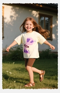 Detalle de conjunto de verano para niña con camiseta de algodón crema y estampado de mariposa