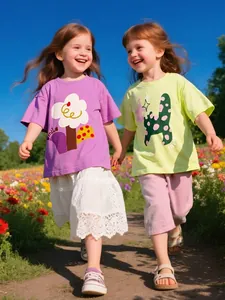 Camisetas infantiles de algodón refrescante con estampados de flores y gatos