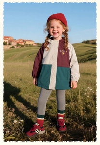 Detail view of girl's color-block hooded jacket with AMILA embroidery in autumn landscape