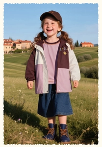 Outdoor shot of a girl wearing a color-block hooded jacket and a dark blue denim skort