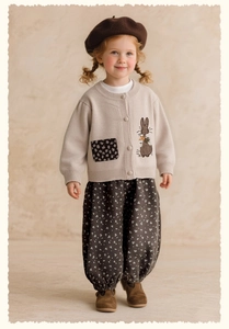 Detail of baby girl knitted cardigan with rabbit embroidery and floral pants