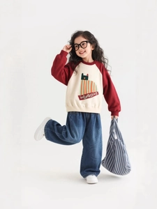 Girls fashion casual denim wide-leg pants with red and white raglan sleeve sweatshirt