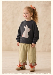 Cute bunny applique sweatshirt and khaki trousers set for toddler girls casual wear