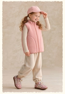 Detail of soft pink fleece vest paired with cream joggers and pink baseball cap