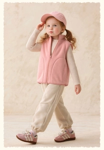 Detailed view of girls soft pink fleece vest and cream joggers for autumn outdoor wear