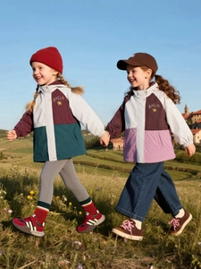 Girls contrast color hooded outdoor windbreaker with three-proof fabric and elastic cuffs