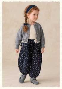 Detail of girl's knit cardigan with lace trim and blue floral print lantern pants